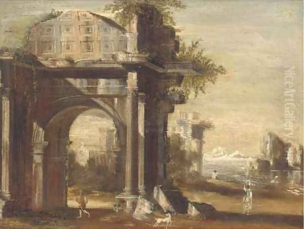 A capriccio of classical ruins by a shore, with figures in the foreground Oil Painting by Viviano Codazzi