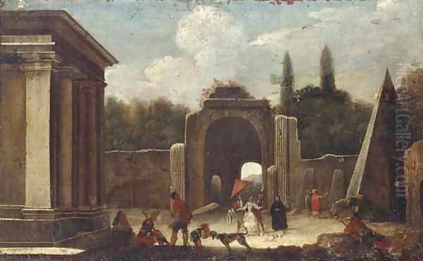 A capriccio of classical ruins with elegant company in the foreground Oil Painting by Viviano Codazzi