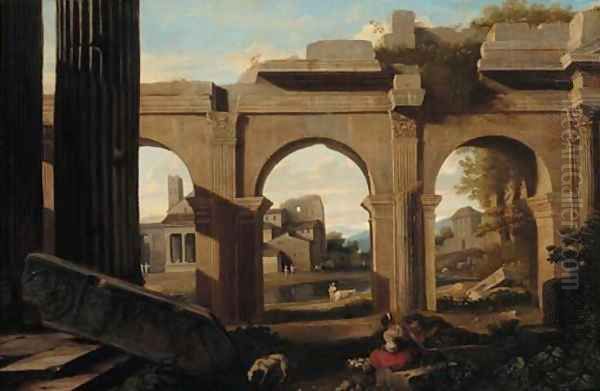 A capriccio of Roman ruins with figures by a lake Oil Painting by Viviano Codazzi