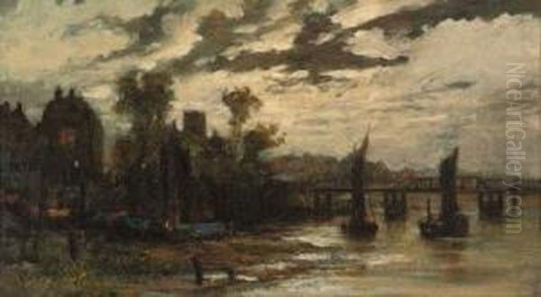 Cheyne Walk And Chelsea Old Church By Battersea Old Bridge Oil Painting by Cecil Gordon Lawson