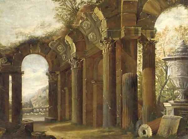 A capriccio of classical ruins with a shepherd and his flock beyond Oil Painting by Viviano Codazzi