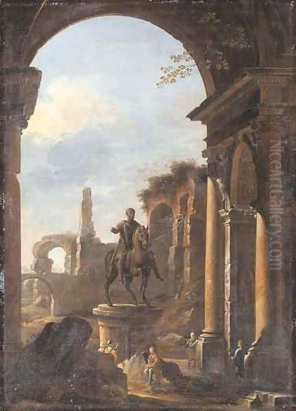 A capriccio of Roman ruins with peasants amongst ruins by the equestrian statue of Marcus Aurelius Oil Painting by Viviano Codazzi