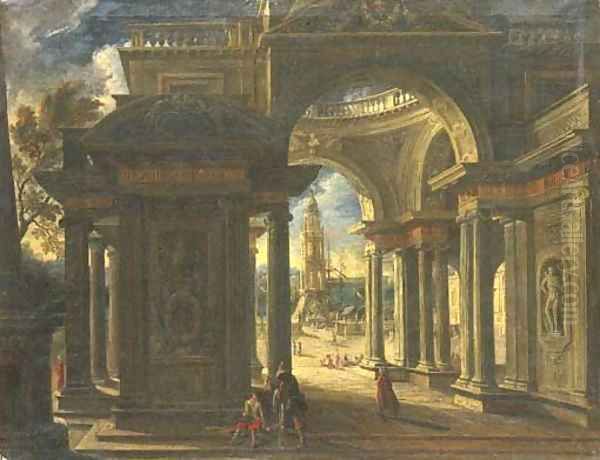 An architectural capriccio of the loggia of a Baroque palace, a port beyond Oil Painting by Viviano Codazzi