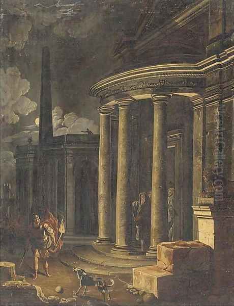 A capriccio of classical buildings by moonlight Oil Painting by Viviano Codazzi