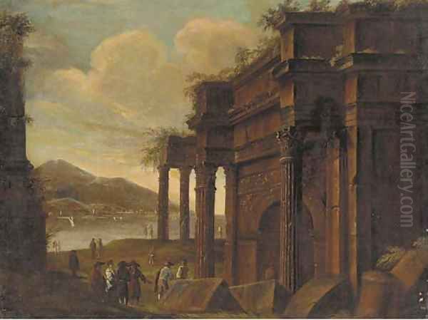 A capriccio of classical ruins with figures conversing Oil Painting by Viviano Codazzi