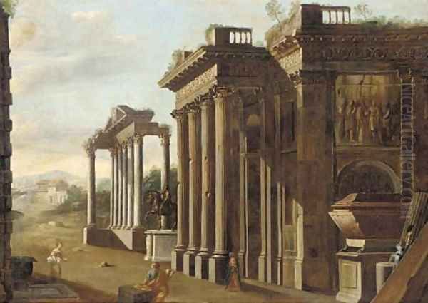 A capriccio of classical ruins with the statue of Marcus Aurelius, a draughtsman and other figures in the foreground Oil Painting by Viviano Codazzi