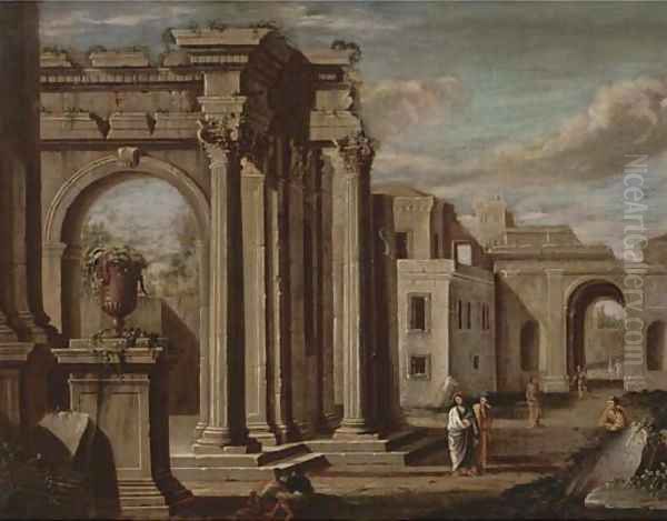 A capriccio of classical buildings with figures in the foreground Oil Painting by Viviano Codazzi