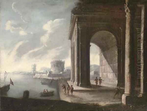 A Mediterranean coastal harbour with figures by a classical arch Oil Painting by Viviano Codazzi