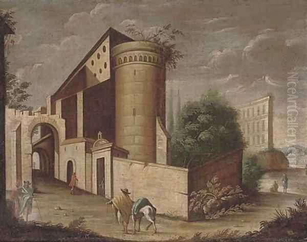 An architectural capriccio with a traveller and his horse Oil Painting by Viviano Codazzi