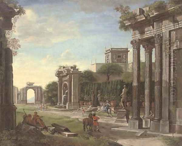 An arhitectural capriccio of classical ruins with elegant company Oil Painting by Viviano Codazzi