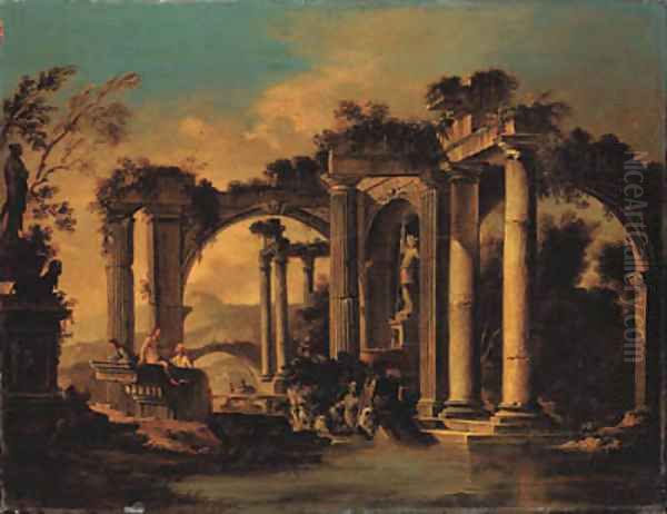 Capricci of lakeside classical ruins with peasants Oil Painting by Viviano Codazzi