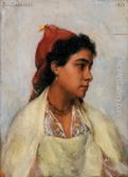 Portrait De Jeune Fille Au Voile Rouge Oil Painting by Jean Baptiste Paul Lazerges