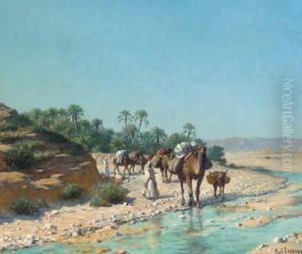 A Camel Train Crossing A Stream by Jean Baptiste Paul Lazerges