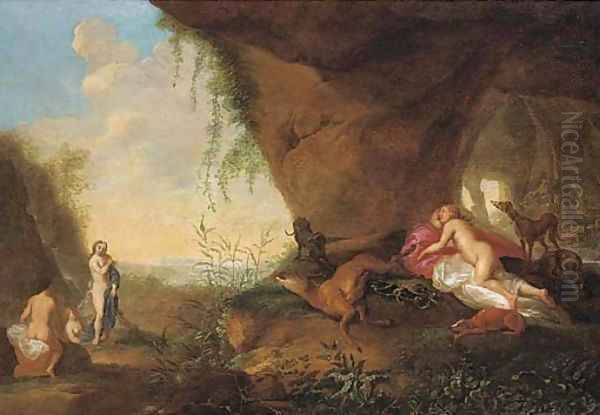 Diana and her nymphs resting by a cave Oil Painting by Abraham van Cuylenborch