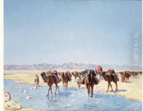 Caravane Traversant Un Oued Oil Painting by Jean Baptiste Paul Lazerges