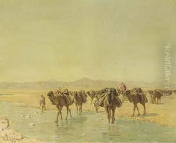 An Arab Caravan Oil Painting by Jean Baptiste Paul Lazerges