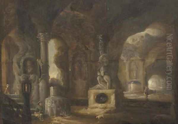 The interior of a grotto with figures amongst classical ruins and fountains Oil Painting by Abraham van Cuylenborch