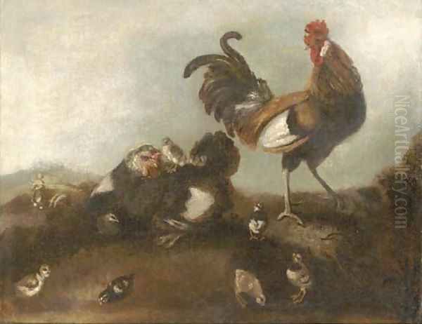 A chicken, cockerel and chicks Oil Painting by Angelo Maria Crivelli, Il Crivellone