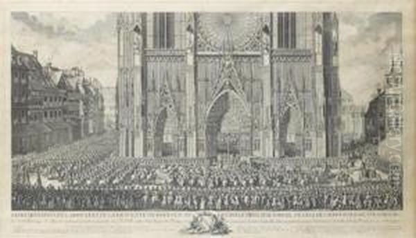 Representation De L'arrivee De 
La Descente Du Roi Louis Xv Devant Le Principal Portail De L'eglise 
Cathedrale De Strasbourg Oil Painting by Jacques Philippe Le Bas