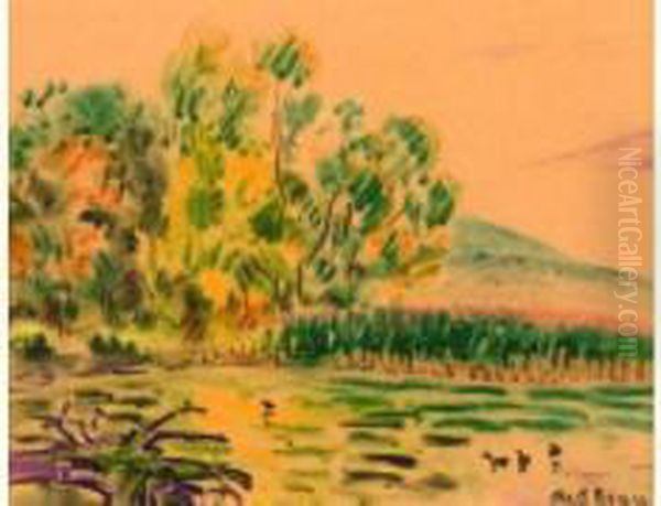 Paysage Aux Canards Oil Painting by Alcide Le Beau