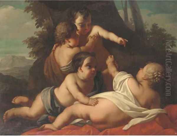 Putti disporting in a wooded landscape Oil Painting by Carlo Cignani