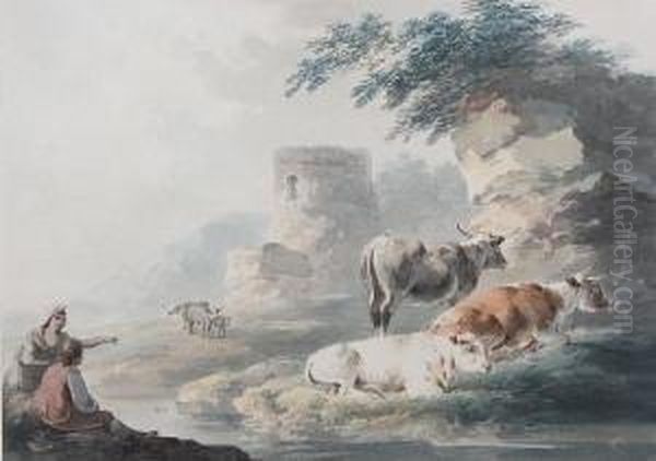 Travellers And Cattle Resting By Ruins Oil Painting by Peter La Cave