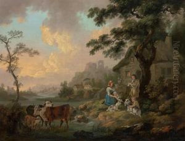 A River Landscape With Cattle Watering And A Family By Their Cottage Oil Painting by Peter La Cave