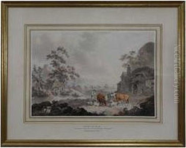 Herdsman, Milkmaid And Cattle Outside A Farmhouse Oil Painting by Peter La Cave