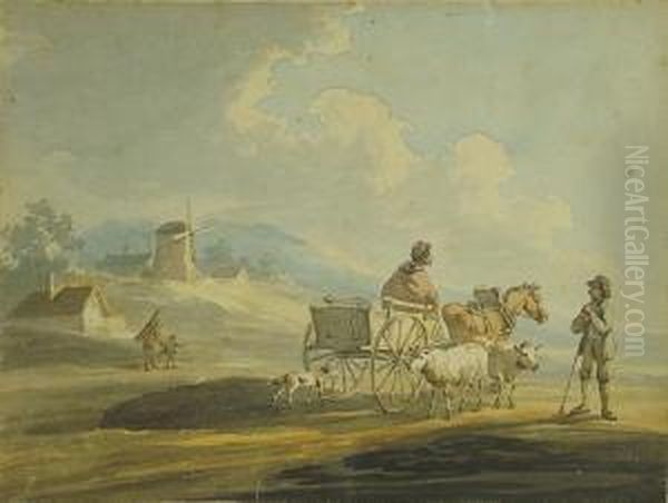 Ady On Horse And Cart On A Country Lanetalking To A Shepherd With Two Sheep And His Dog Oil Painting by Peter La Cave