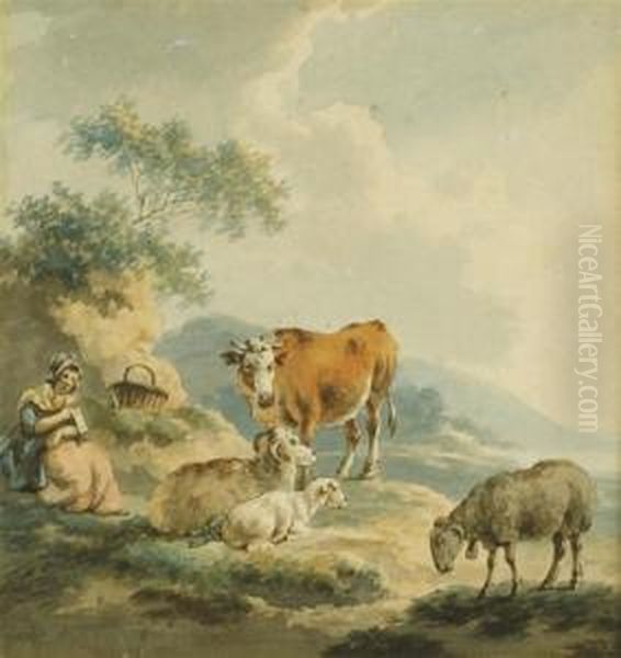 A Young Maiden In A Landscape With Cattle And Sheep Oil Painting by Peter La Cave