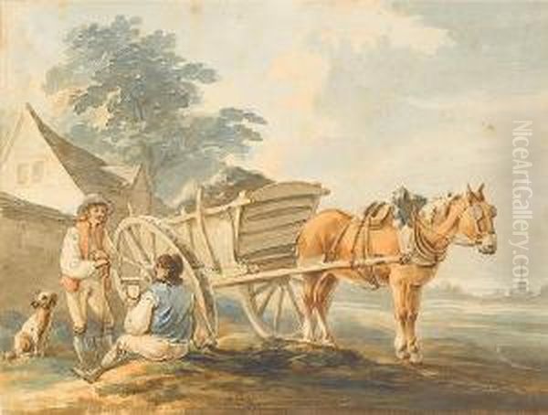 Figures Resting By A Horse And Cart Oil Painting by Peter La Cave