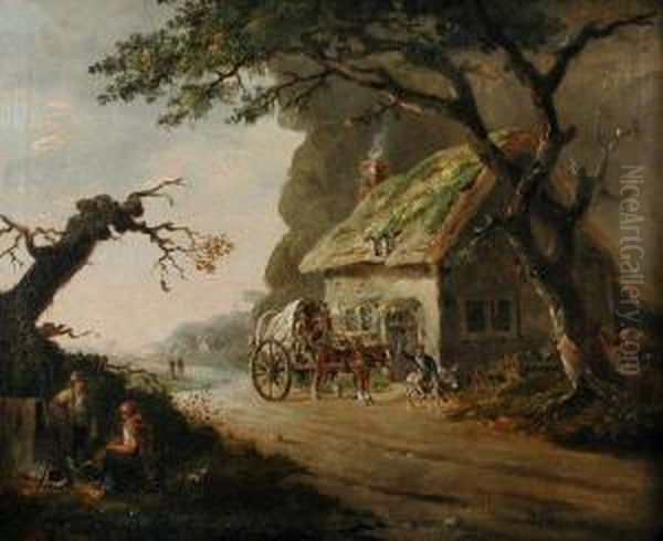 A Carteroutside A Cottage Oil Painting by Peter La Cave