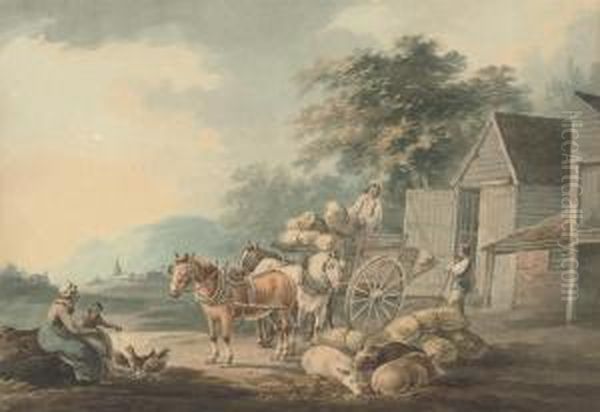 Loading The Wagon (illustrated); And Figures Conversing On Theforeshore Oil Painting by Peter La Cave