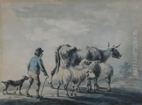 A Herdsman, Cows And Sheep Oil Painting by Peter La Cave