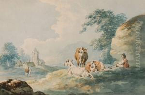 Watercolour, Figures Andcattle 
Near A Country Road, Unsigned With Gallery Label Verso.6.25