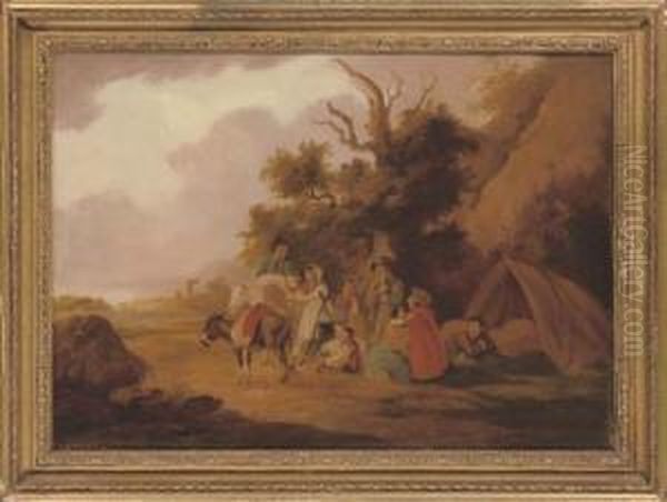 Travellers At Rest In A Wooded Landscape Oil Painting by Peter La Cave