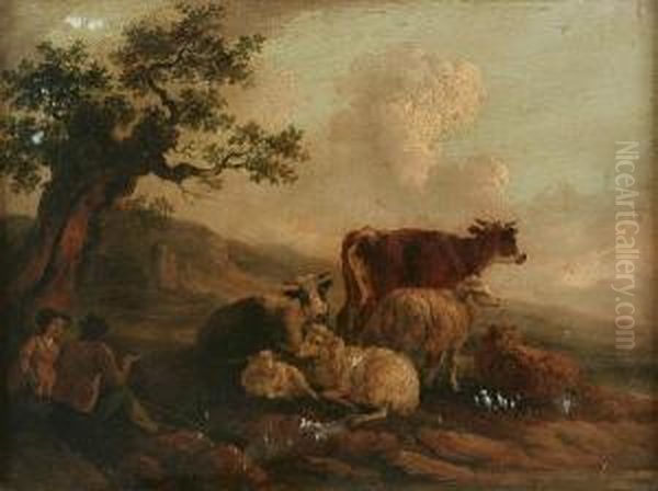 Herdsmen On A Country Road, And Another, Herdsman And Maid With Cattle And Sheep, A Pair Oil Painting by Peter La Cave