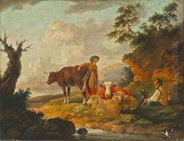 A Milkmaid And A Shepherd With His Flock And Cattle In An Extensive Landscape Oil Painting by Peter La Cave