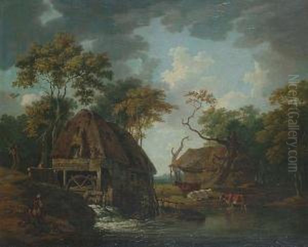 Figures And Cattle By A Watermill. Oil Painting by Peter La Cave