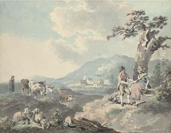 Figures In A Landscape With Cattle Beyond; And Figures By The Seawith A Donkey Oil Painting by Peter La Cave