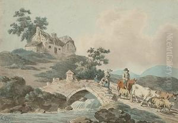 Figures, Cattle And Sheep Crossing A Bridge Oil Painting by Peter La Cave