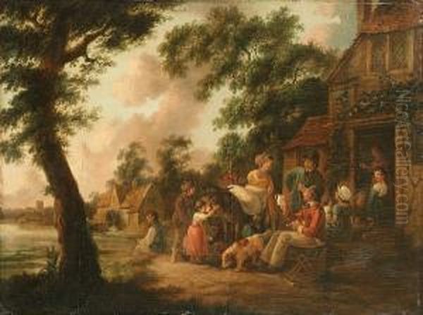 Travellers And Country Folk Outside An Inn With A Watermill Beyond Oil Painting by Peter La Cave