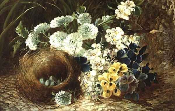 A Still Life of Flowers and a Birds Nest on a Mossy Bank Oil Painting by Vincent Clare