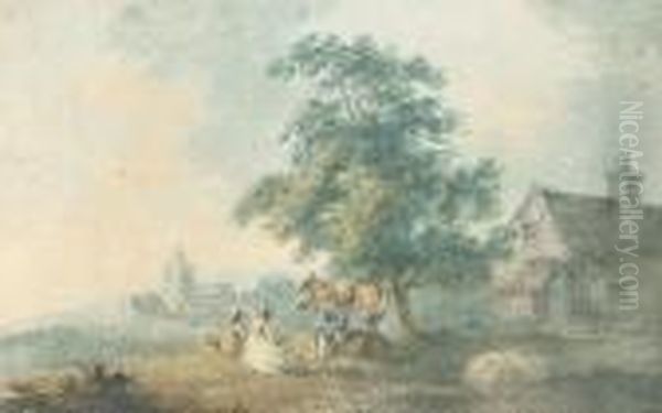 Figures And A Donkey Resting Outside A Village Oil Painting by Peter La Cave