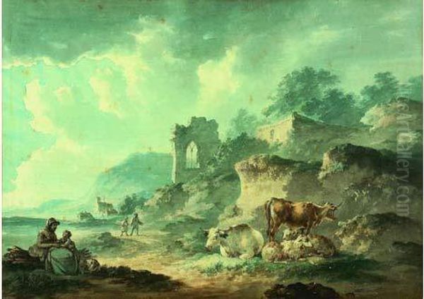 Paysanne Et Son Fils Se Reposant Avec Leur Troupeau Aux Abords De Ruines Oil Painting by Peter La Cave