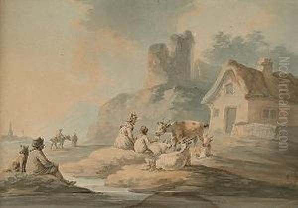 Figures And Goats By A Cottage Oil Painting by Peter La Cave