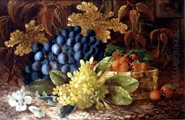 A still life of grapes and a basket of strawberries on a mossy bank Oil Painting by Vincent Clare