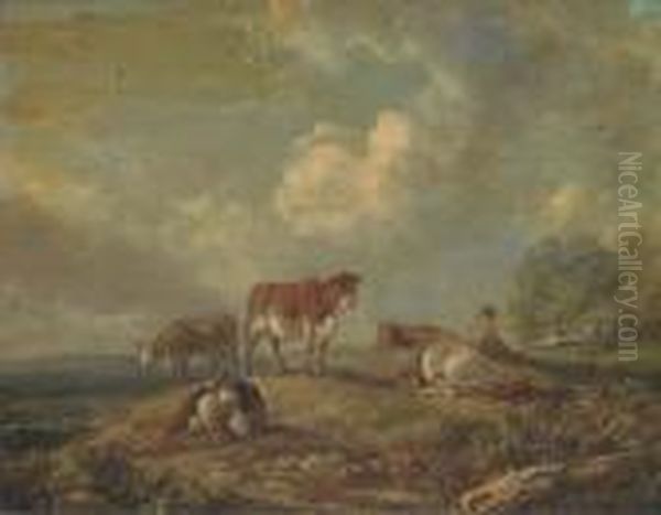 A Drover With Cattle Oil Painting by Peter La Cave