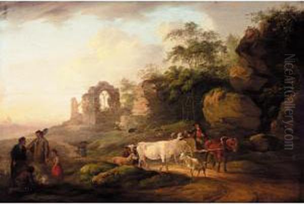 Peasants And A Drover On A Country Road, A Ruined Abbey Beyond Oil Painting by Peter La Cave