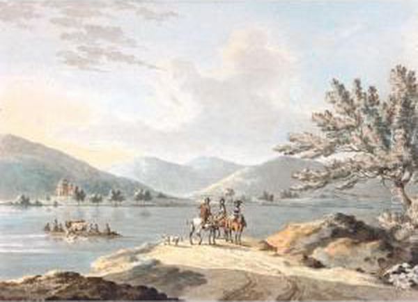 Figures On Horseback By Lake Windermere, Belle Isle Beyond Oil Painting by Peter La Cave